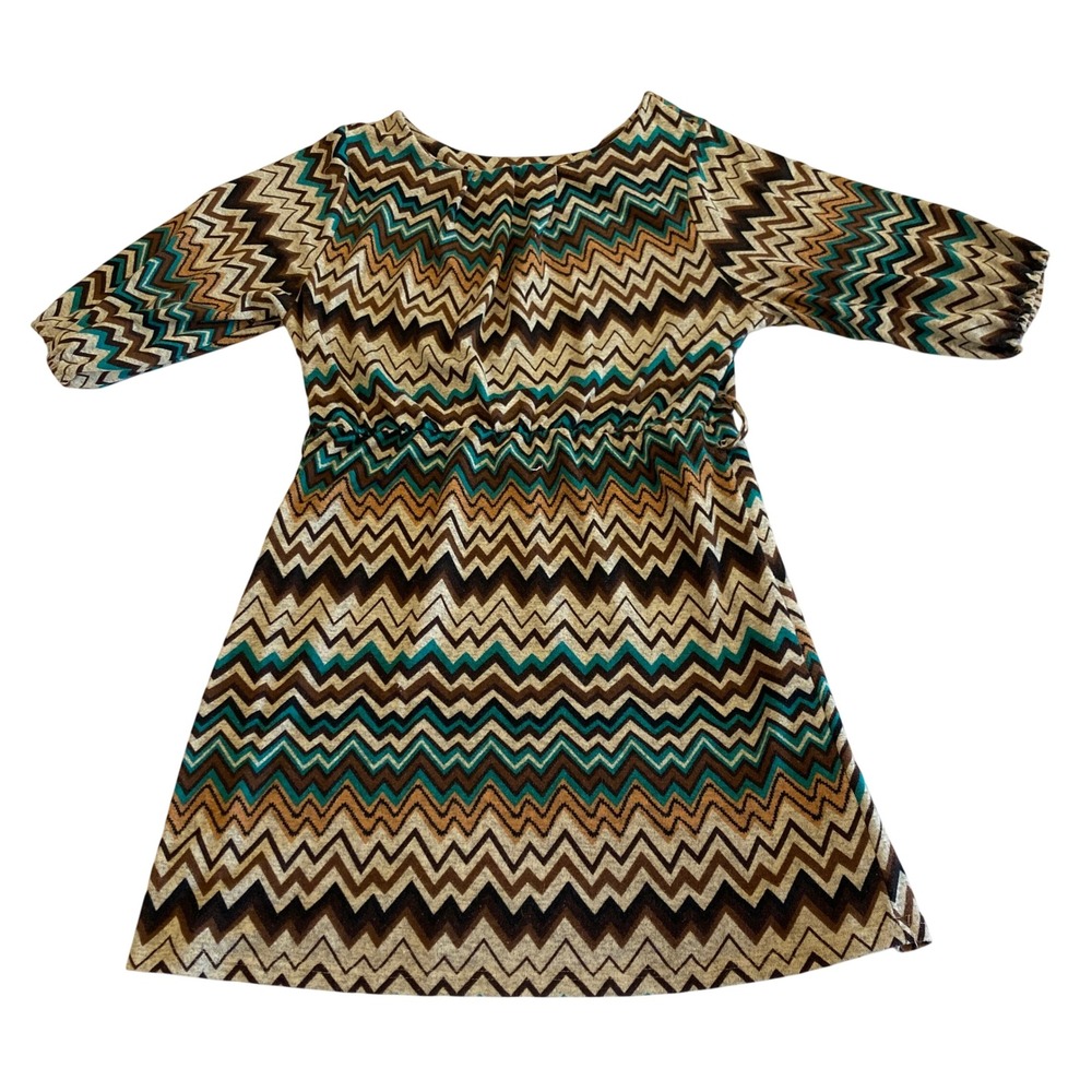 OB2-12 Chevron Zigzag Knit Mini Dress Brown Teal 3/4 Sleeve Large